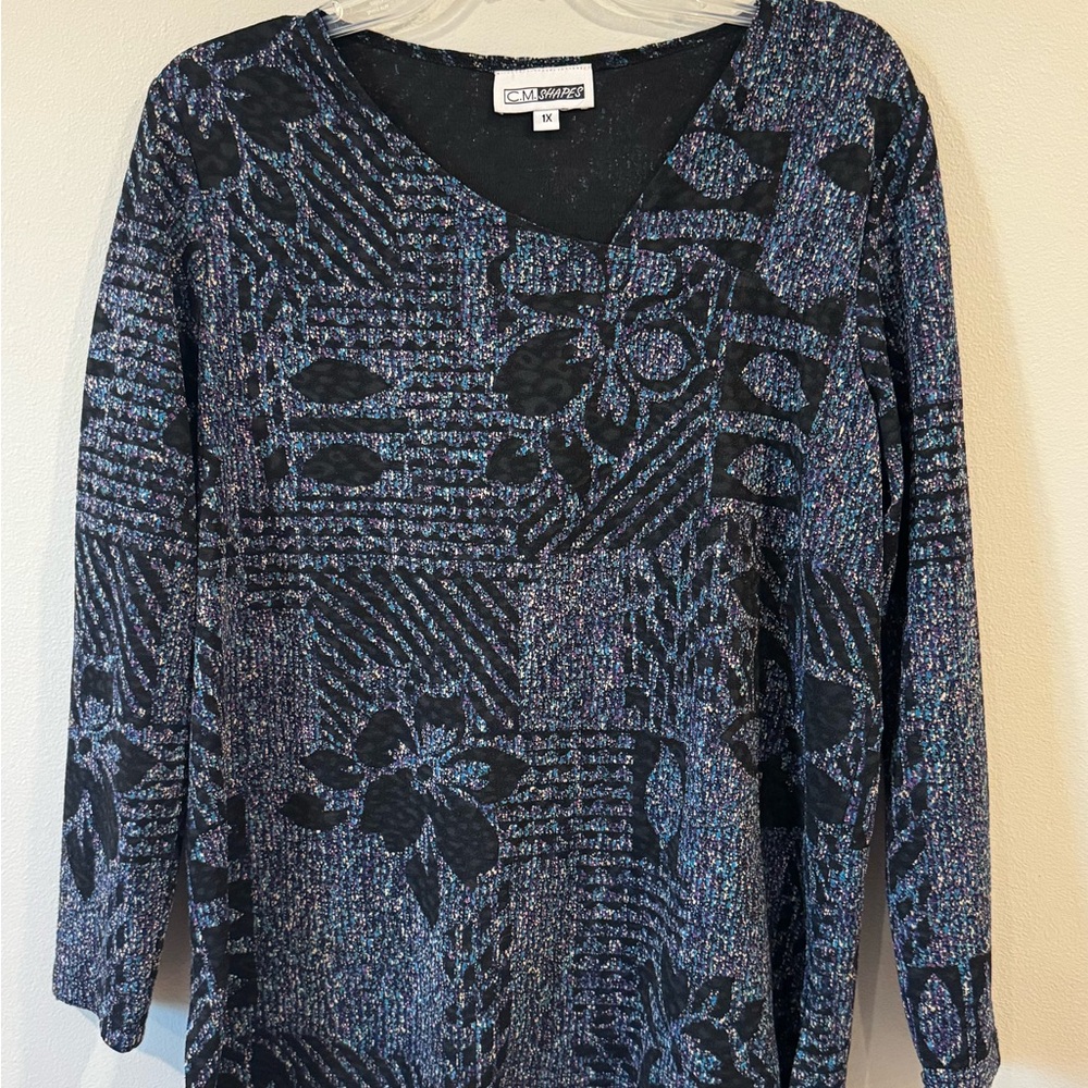 C.M. Shapes Womens Pullover Blouse Top Size 1X Black Blue Purple Holiday Colors